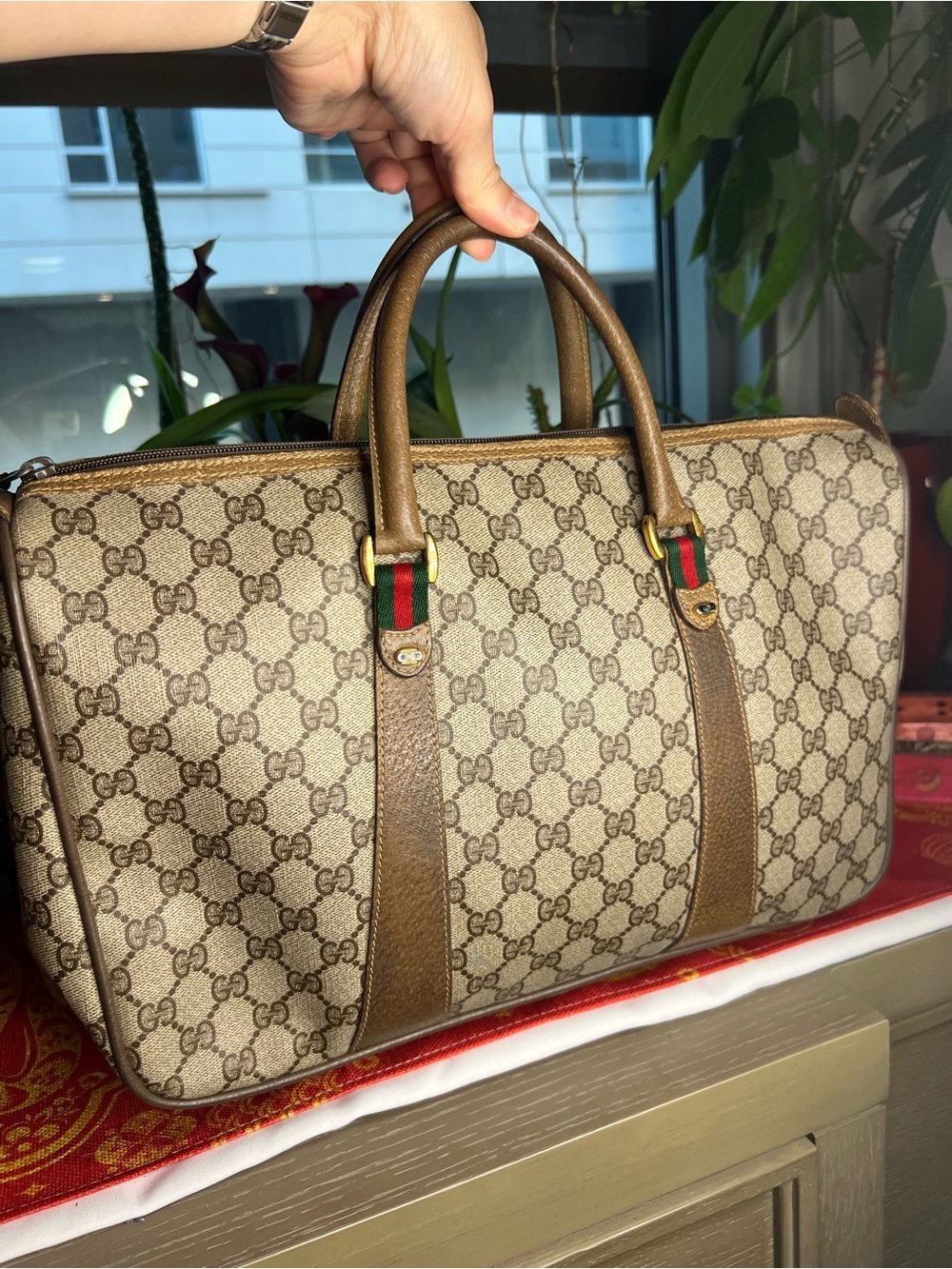 Vintage Gucci GG Monogram Web Stripe Boston Bag Brown